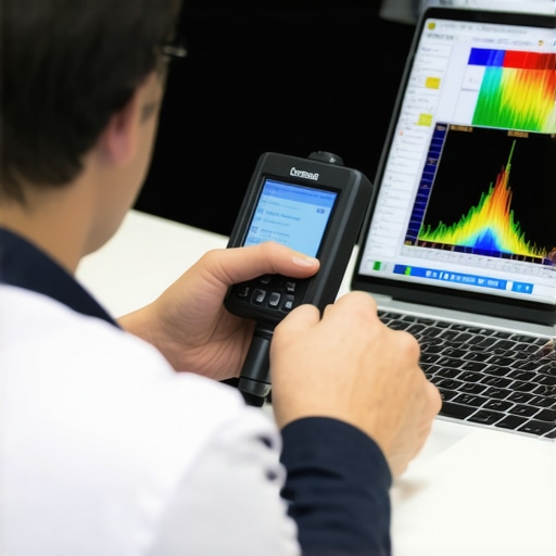 A technician calibrating a high-end OLED display using a colorimeter and professional software.