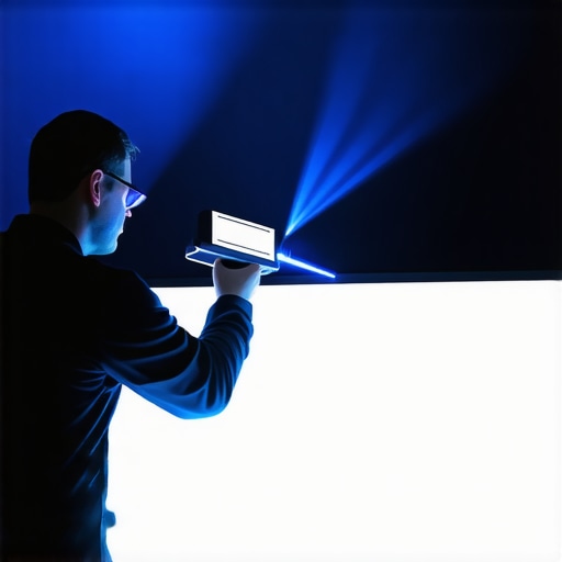 Technician calibrating a home theater projector screen for maximum precision.