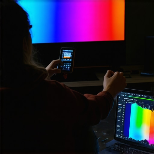 A technician calibrating a high-end OLED display using a colorimeter and laptop