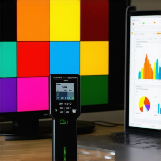 A colorimeter being used to calibrate an OLED TV for peak performance.