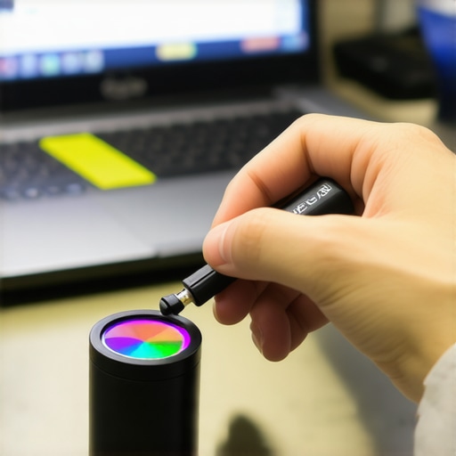 Technician using a colorimeter to calibrate an OLED TV for better film grain accuracy.
