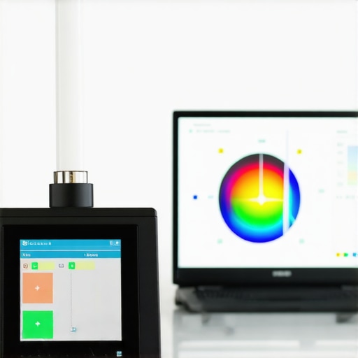 A colorimeter being used to calibrate a high-end OLED television screen for color accuracy.