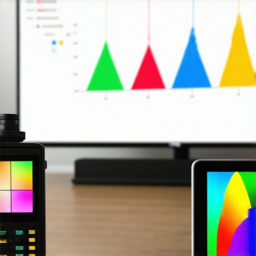 A colorimeter measuring the color accuracy and luminance of a home theater display.