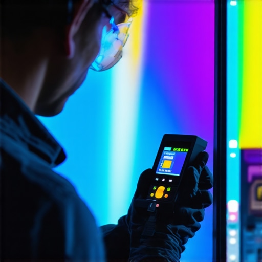 Professional Display Calibration and Maintenance Tools Technician using a colorimeter to calibrate an OLED screen for long-term maintenance.