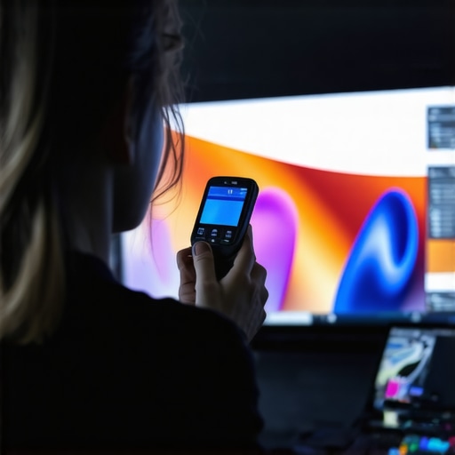 Using a colorimeter tool to calibrate an OLED TV for professional color accuracy.
