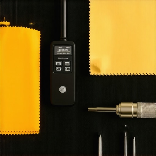 Tools for maintaining projector lenses and wall mounts including a digital level and cleaning supplies.