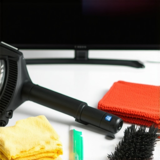 Professional Home Theater Maintenance Toolkit Essential tools for cleaning and maintaining OLED TVs and projectors, including an air blower and microfiber cloth.