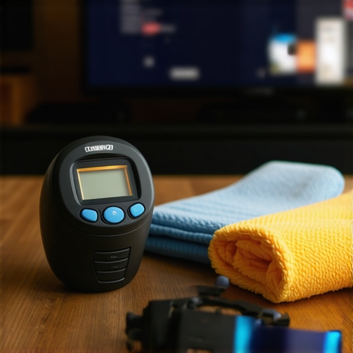 Professional Home Theater Maintenance Tools A collection of tools including a colorimeter and cleaning supplies for home display maintenance.