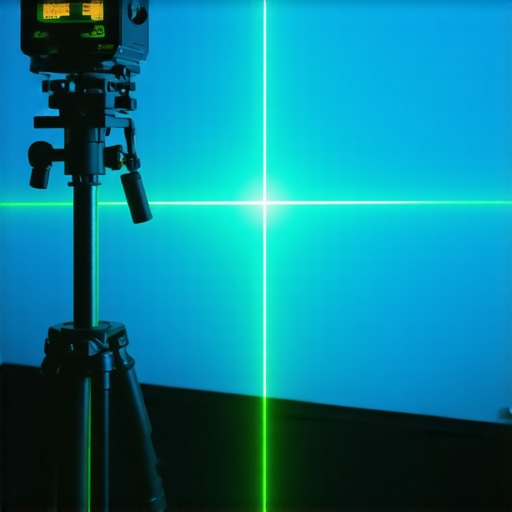 A green cross-line laser level projecting an alignment grid onto a wall for a home theater screen.