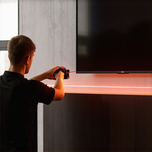 Professional Laser Level Calibration for TV Mounting A laser level being used to ensure a TV mount is perfectly horizontal during a home theater installation.