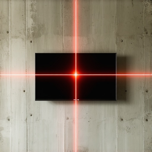 A Bosch laser level projecting a grid onto a concrete wall for a TV mount installation.