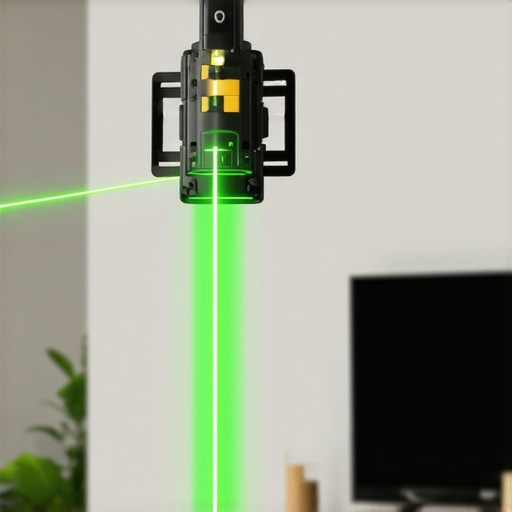 Professional Laser Level for TV Mounting Close-up of a green cross-line laser level being used to align a TV wall mount on a drywall.