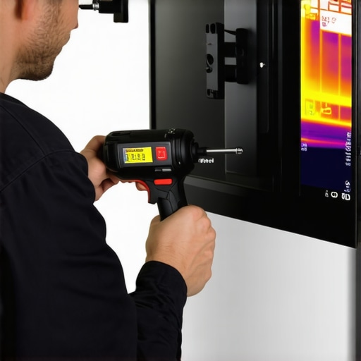 Professional Maintenance Tools for Home Cinema A technician checking TV mount bolt tension and thermal heat signatures for display maintenance.