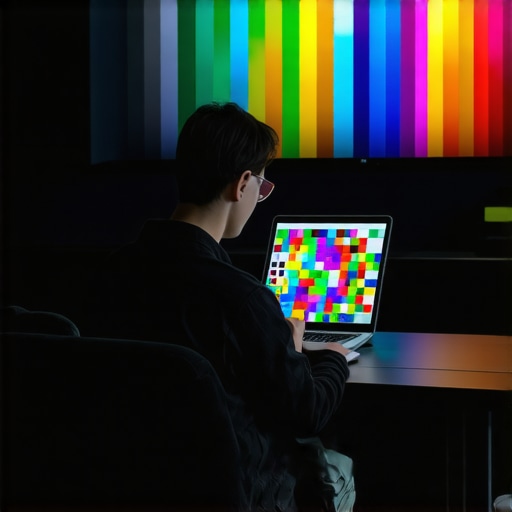 Technician calibrating a home theater display for color accuracy.