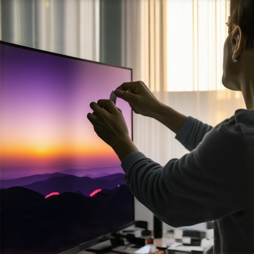 Close up of a hand cleaning a premium television screen to maintain color clarity.