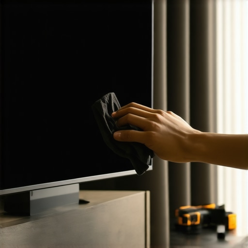 Close up of cleaning a high-end OLED TV screen with microfiber