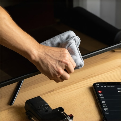 A person cleaning an OLED TV screen with a microfiber cloth alongside calibration tools.