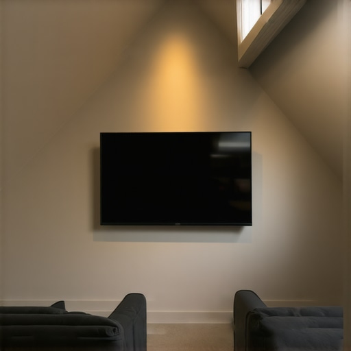 Professional OLED mounting on a sloped ceiling An OLED TV installed on a vaulted attic wall with locking hardware and cable management.