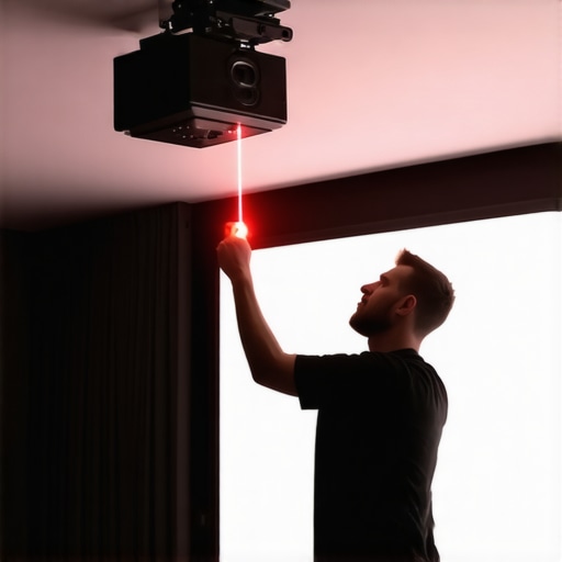 A laser level being used to align a projector lens perfectly perpendicular to the screen.