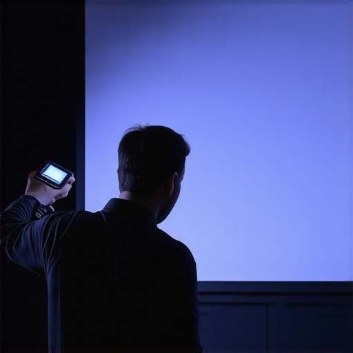 Professional Projector Calibration and Room Treatment A specialist calibrating a home theater projector to achieve deep blacks and color accuracy.