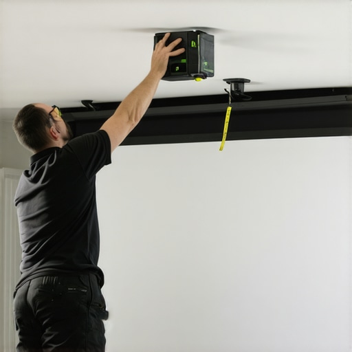 A technician aligning a projector screen to match the architectural lines of a room.