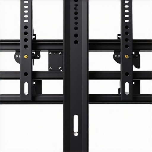 Professional Soundbar and TV Mount Integration Close-up of professional VESA mounting with soundbar brackets and vibration dampening washers.
