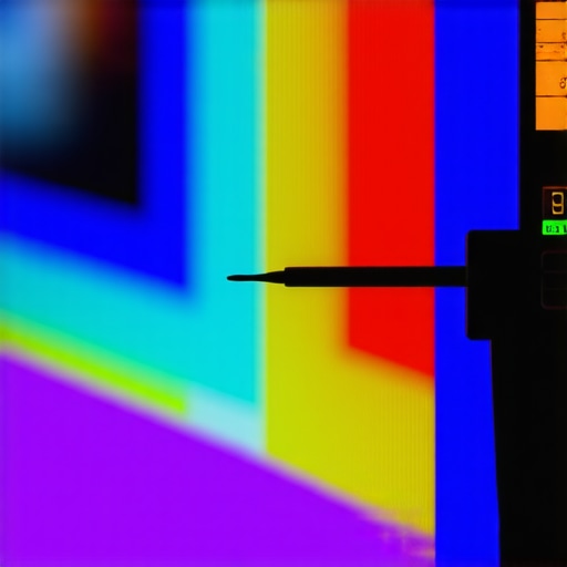 A colorimeter device measuring the color accuracy and brightness of a high-end television screen during calibration.
