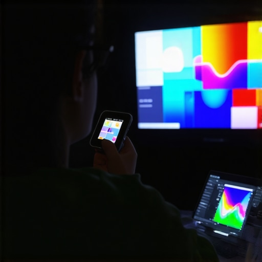 Professional TV Calibration with Colorimeter A colorimeter being used to calibrate an OLED TV for professional color accuracy.