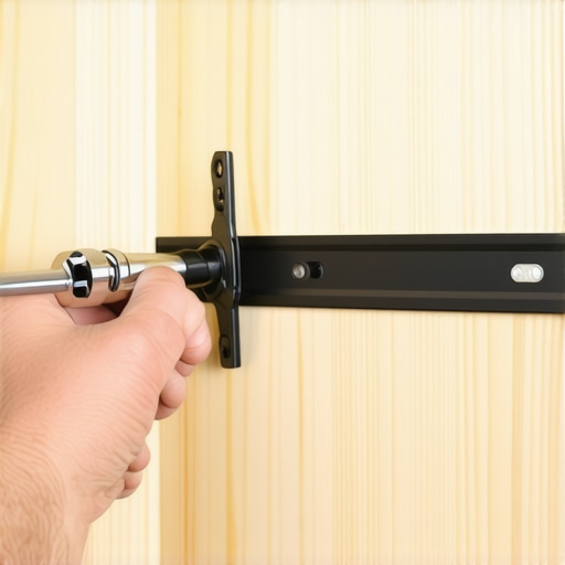 Professional TV Mount Installation Close up of a socket wrench tightening a lag bolt into a wall stud for a TV mount.