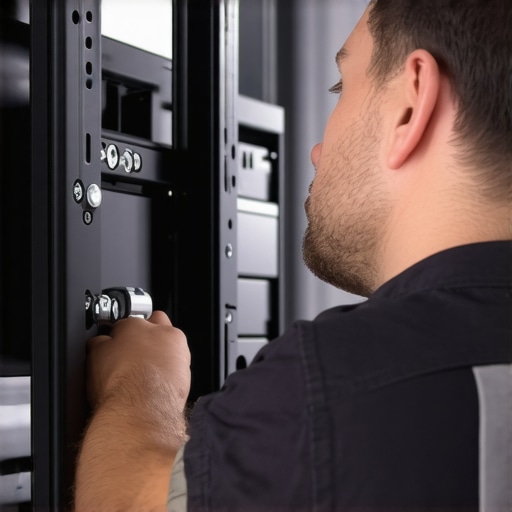 Professional TV Mount Tension Adjustment A technician using a tool to adjust the tilt tension on a wall mounted television bracket.