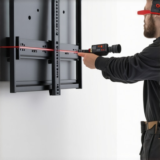 Professional TV Mounting with Precision Laser Level Technician using a laser level to ensure a TV wall mount is perfectly straight.