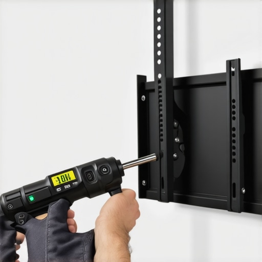 Technician using a digital torque wrench to secure a wall mount for long-term stability.