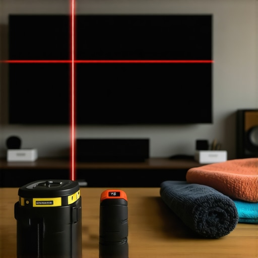 A laser level being used to verify the alignment of a large wall-mounted television in a modern living room.