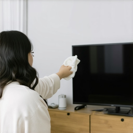 Professional cleaning of a high-end OLED screen Close up of a microfiber cloth cleaning an OLED TV panel