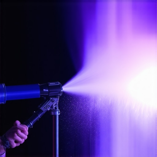Professional cleaning of a home theater projector lens A person using a professional air blower tool to remove dust from a projector lens safely.