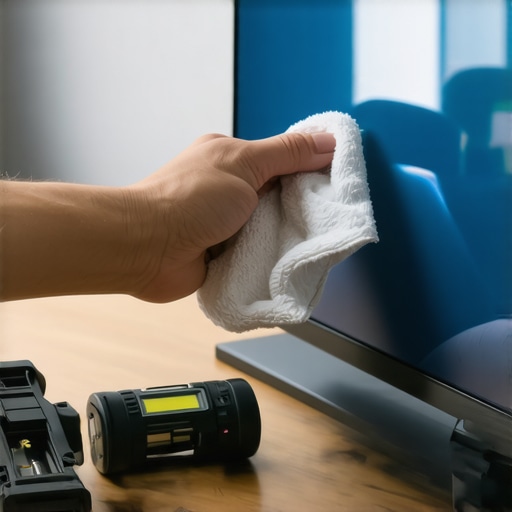 Professional home theater maintenance tools Cleaning an OLED screen with a microfiber cloth and home theater tools