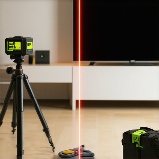 A laser level and DIY tools used for maintaining a wall mounted home theater setup