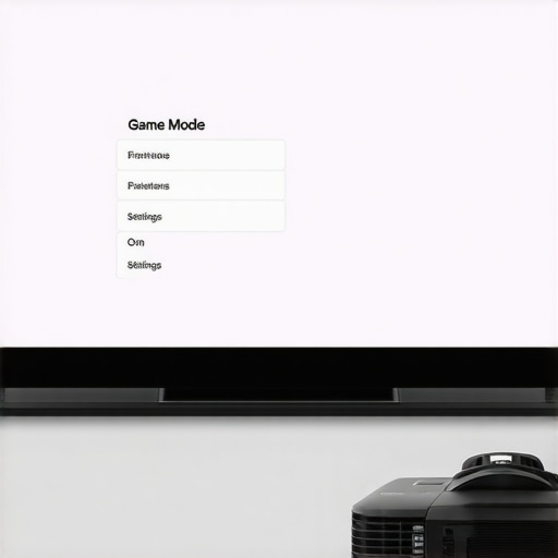 A projector menu showing the Game Mode setting being enabled to reduce input lag.
