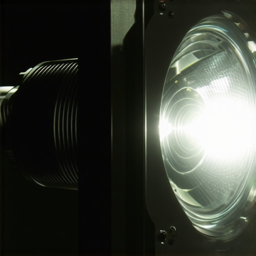 Close-up of a high-pressure mercury projector lamp glowing brightly during a burn-in stabilization process.