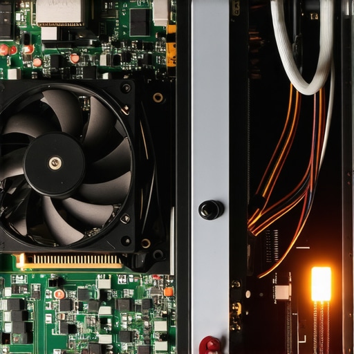 Close up view of a projector internal motherboard and cooling fan system.