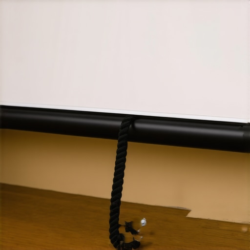 Bungee cord anchoring a projector screen to the floor to prevent movement.