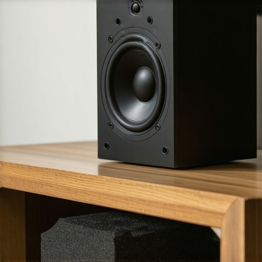 Proper Center Speaker Angling Techniques A center channel speaker tilted up using acoustic foam pads on a media stand for improved dialogue clarity.