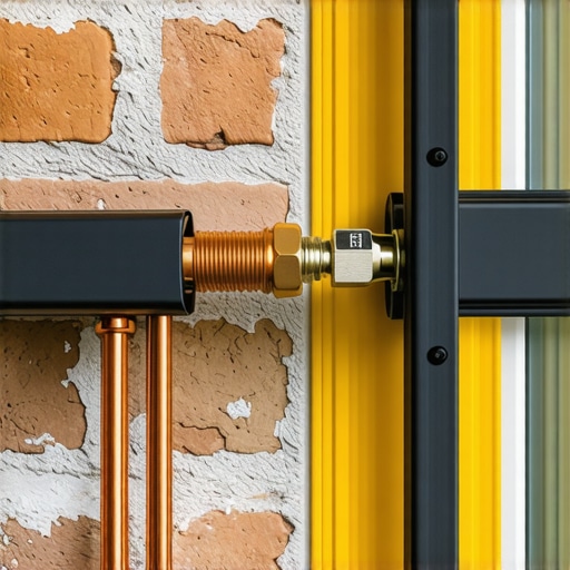 Proper Ground Wire Connection on Outdoor Mount A solid copper ground wire attached to a metal TV mount with a brass clamp on an exterior brick wall