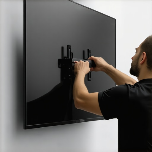 Proper Installation of an Ultra-Thin OLED Television Close-up of a slim OLED TV being installed on a wall mount bracket