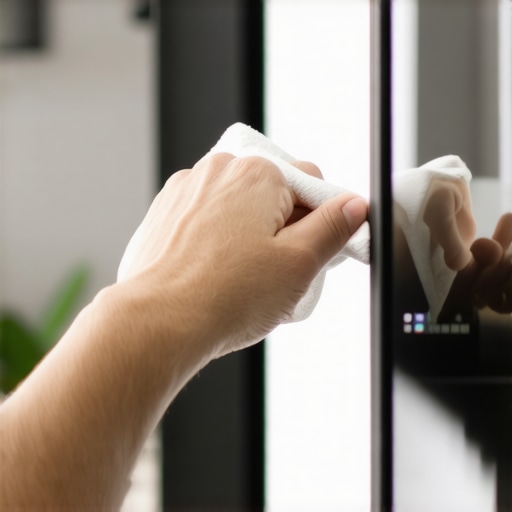 Close-up of cleaning a high-end OLED screen with a microfiber cloth to avoid water spots.