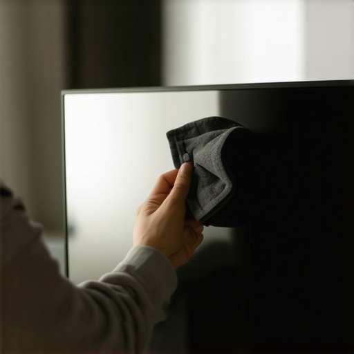 Cleaning an OLED TV screen with a professional microfiber cloth