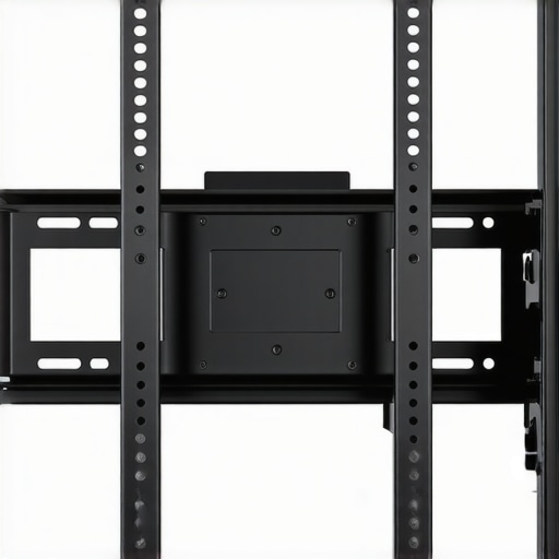 A detailed view of a soundbar bracket being installed onto the back of a TV using VESA mounting points.