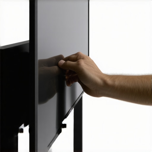 Proper hand placement for TV removal Hands gripping the bottom of an OLED TV to lift it from a wall mount safely.