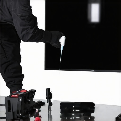 Technician lubricating a full motion TV wall mount to prevent clicking and sagging