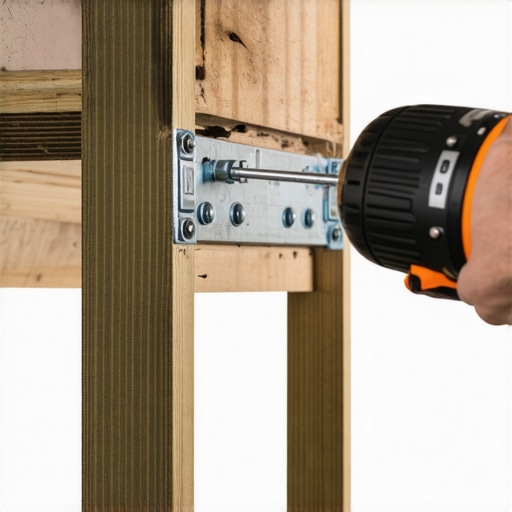 Steel L-bracket reinforcement on the underside of a wooden projector stand shelf.